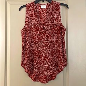 Sienna Sky, women’s sleeveless blouse, maroon with cream design, size S